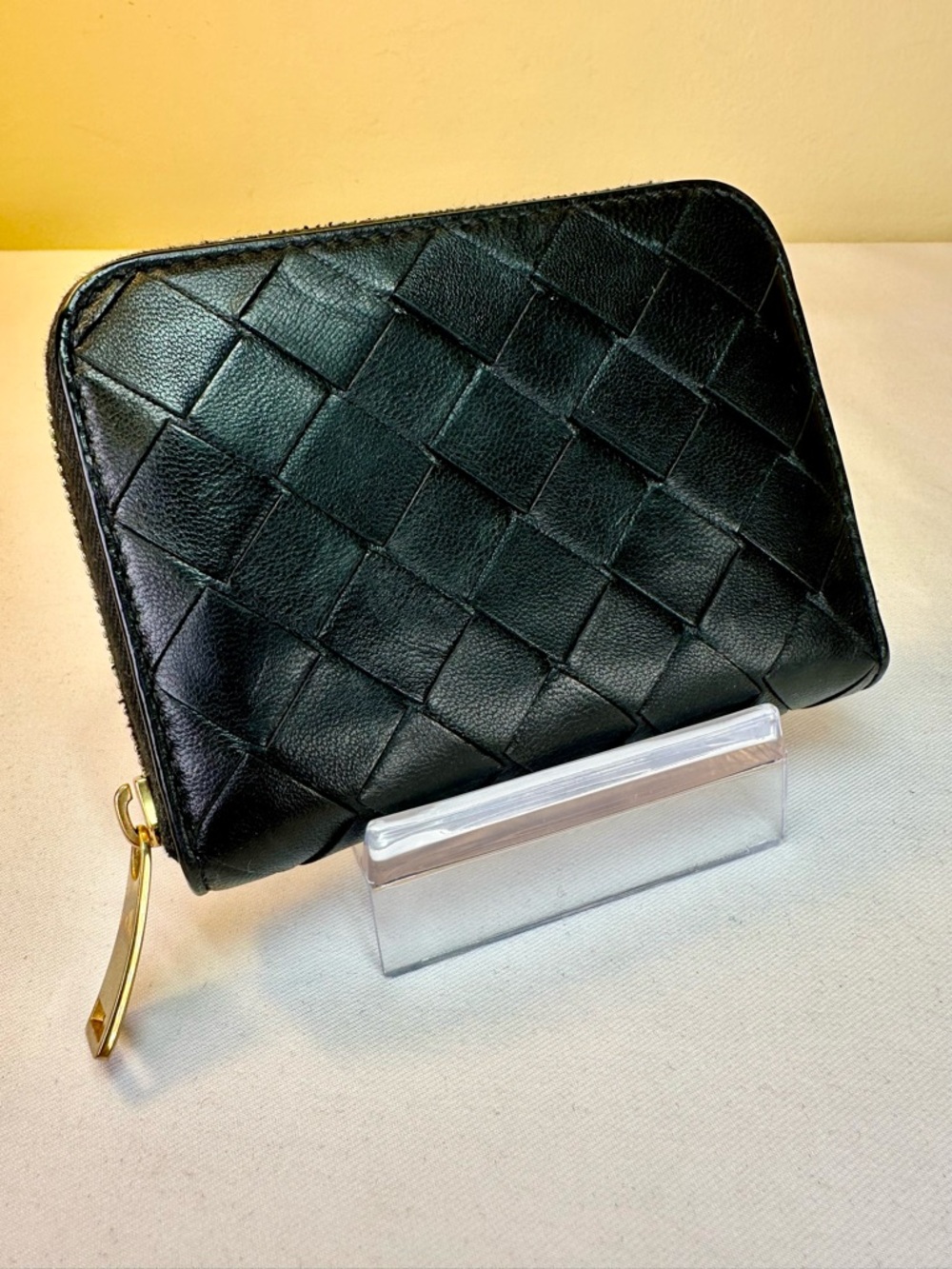 Bottega Veneta Intrecciato Nappa Black Leather Zip Around Coin Card Case COA